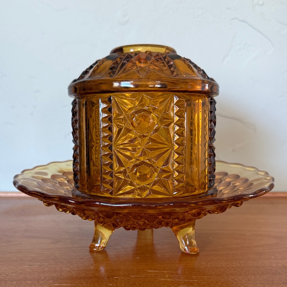 Vintage Indiana Glass Amber "Stars and Bars" Fairy Lamp with creative base